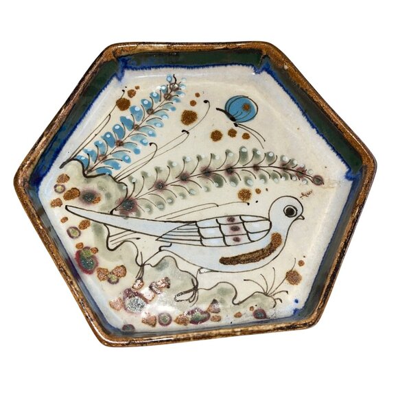 Ken Edwards Vintage Dish Plate Bowl Tonala Pottery Bird Butterfly Drip Glaze - Picture 7 of 7